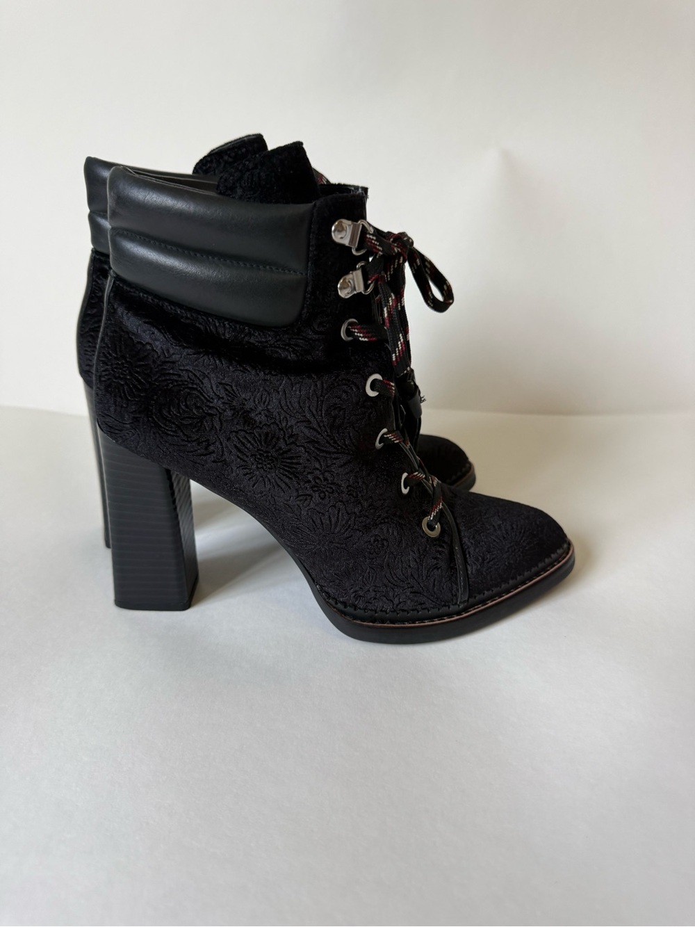 Sam Edelman Black Floral Lace-Up Block Heel Ankle Boots